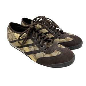 Coach Sneakers Women's Size 8.5 Yolanda lace Up Brown Monogram Gold